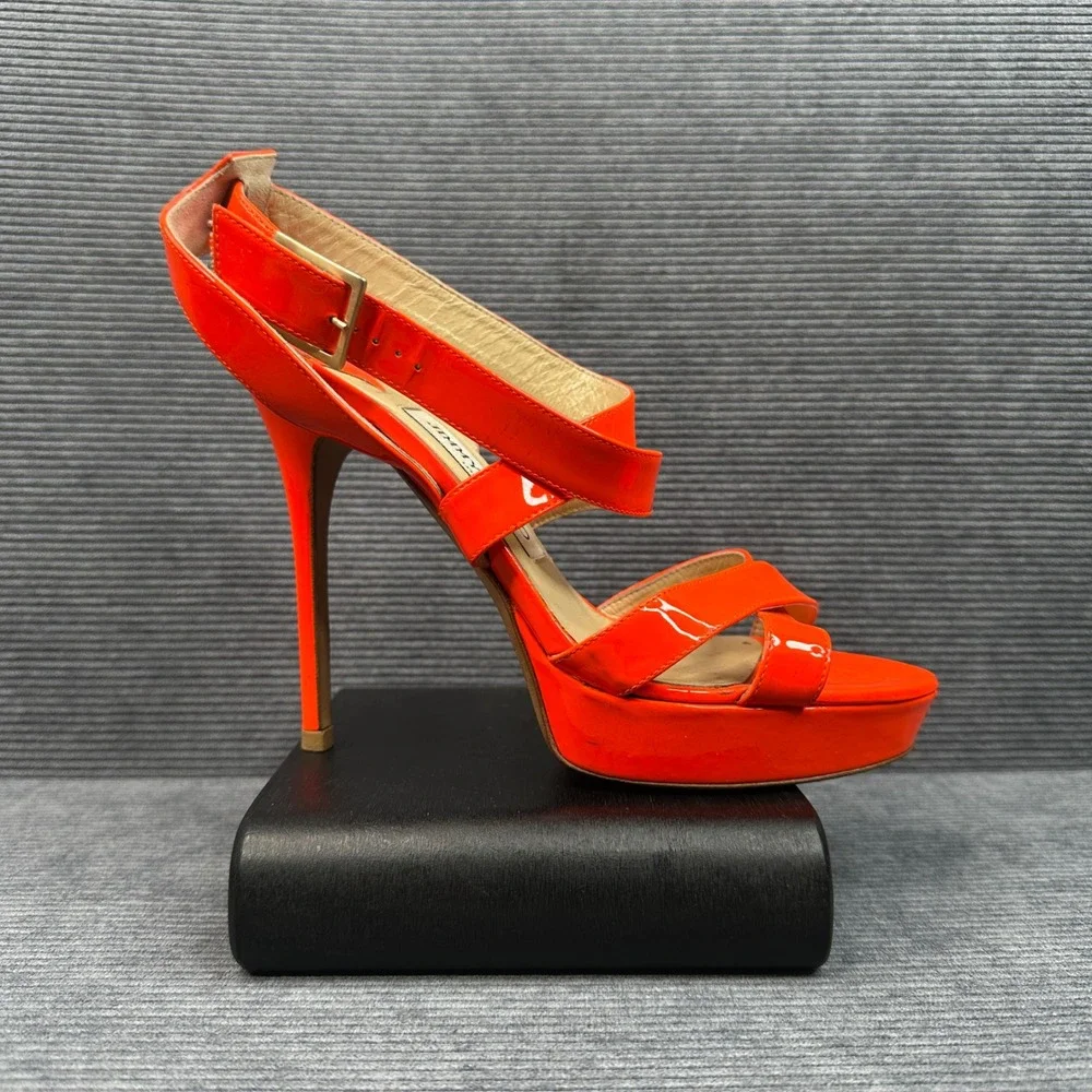 Jimmy Choo‎ Vamp Neon Orange Patent Leather Platform Sandals Stiletto Heels 38